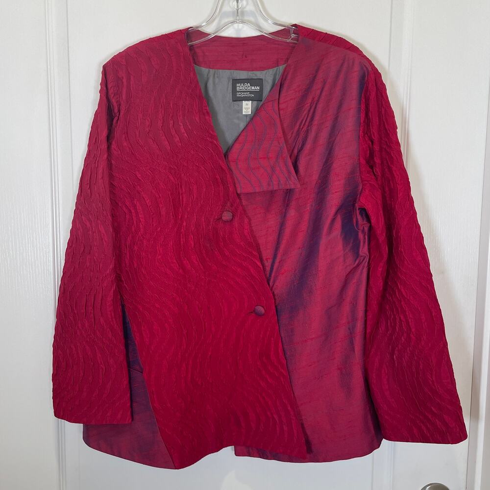 Hulda Bridgeman Lagenlook‎ Silk Jacket Art-to-Wear Fiber Artist Red Raspberry M